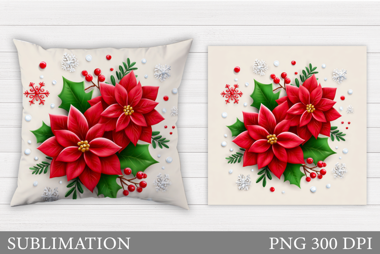 Poinsettia Pillow Sublimation. Christmas Flowers Pillow