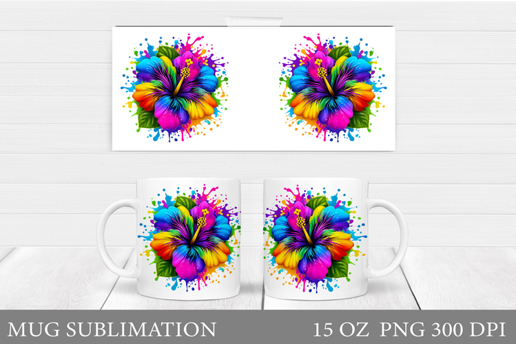 Hibiscus Mug Sublimation. Colorful Flowers Mug Wrap Design