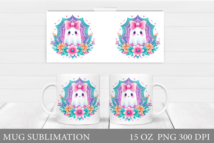 Cute Ghost Mug Sublimation. Halloween Mug Wrap Design