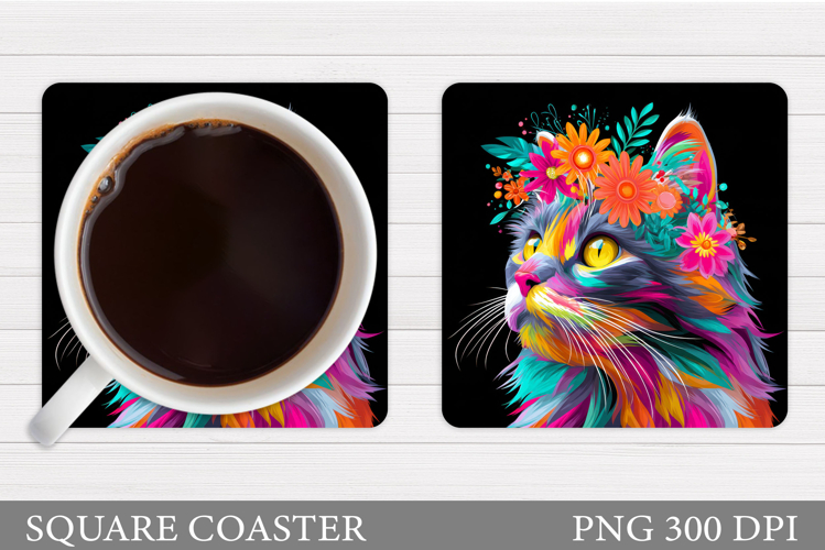 Cute Cat Coaster Design. Cat Flowers Coaster