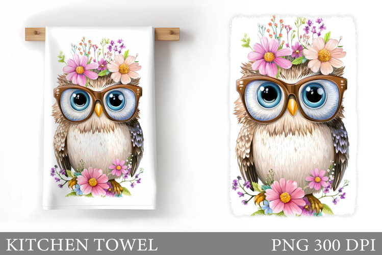 Cute Owl Kitchen Towel. Owl Flowers Kitchen Towel Design