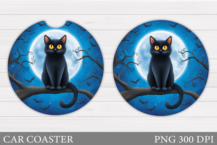 Black Cat Car Coaster. Cute Halloween Car Coaster