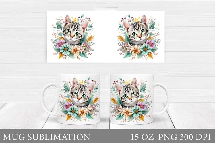 Cute Cat Mug Wrap Design. Cat Flowers Mug Sublimation
