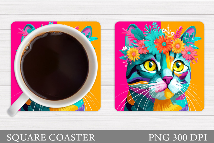 Cute Cat Coaster Design. Cat Flowers Coaster