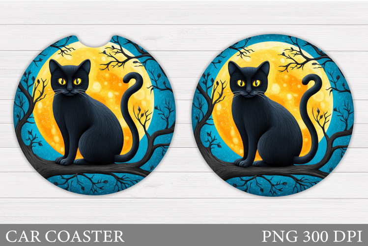 Black Cat Car Coaster. Cute Halloween Car Coaster