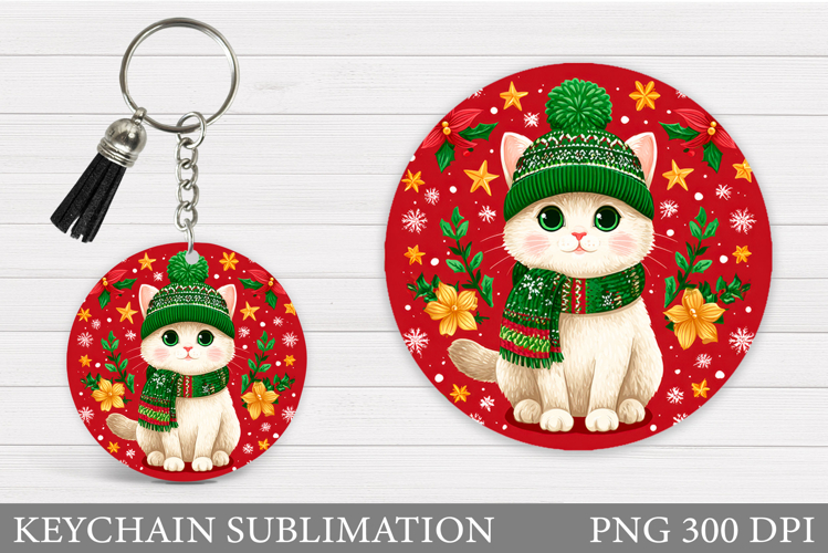 Christmas Cat Keychain. Christmas Keychain Sublimation