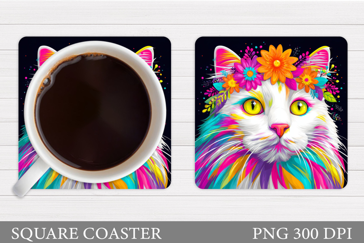 Cute Cat Coaster Design. Cat Flowers Coaster