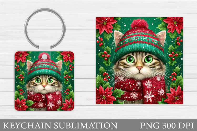 Christmas Cat Keychain. Christmas Keychain Sublimation