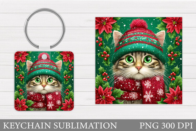 Christmas Cat Keychain. Christmas Keychain Sublimation example image 1