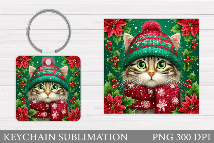 Christmas Cat Keychain. Christmas Keychain Sublimation