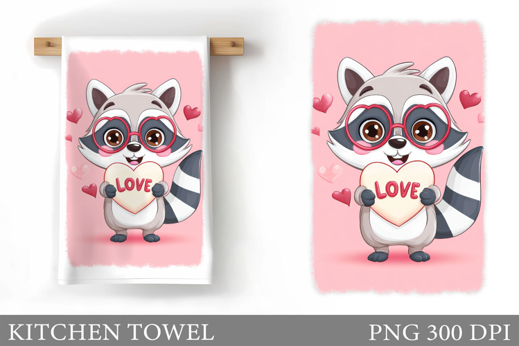 Valentine Raccoon Kitchen Towel. Valentines Kitchen Towel