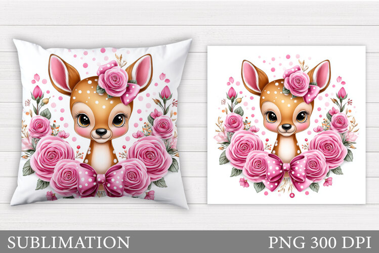 Cute Deer Pillow Sublimation. Deer Flowers Sublimation example image 1