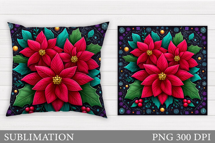 Poinsettia Pillow Sublimation. Christmas Flowers Pillow example image 1