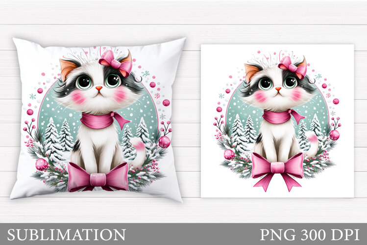 Christmas Cat Pillow Design. Christmas Pillow Sublimation example image 1