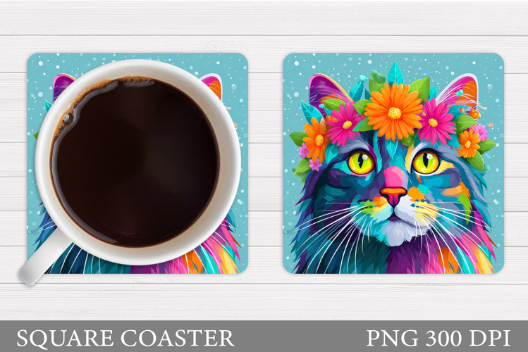 Cute Cat Coaster Design. Cat Flowers Coaster Sublimation