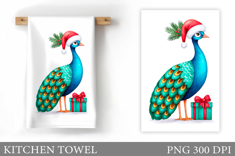 Christmas Peacock Kitchen Towel. Christmas Kitchen Towel