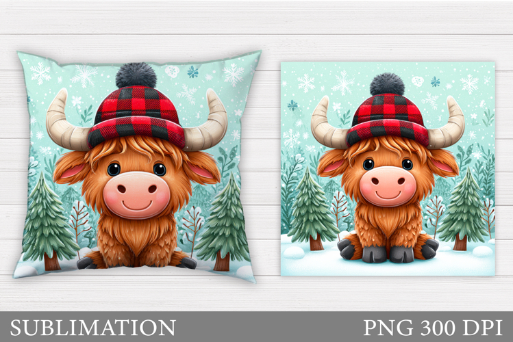 Highland Cow Pillow Design. Christmas Pillow Sublimation