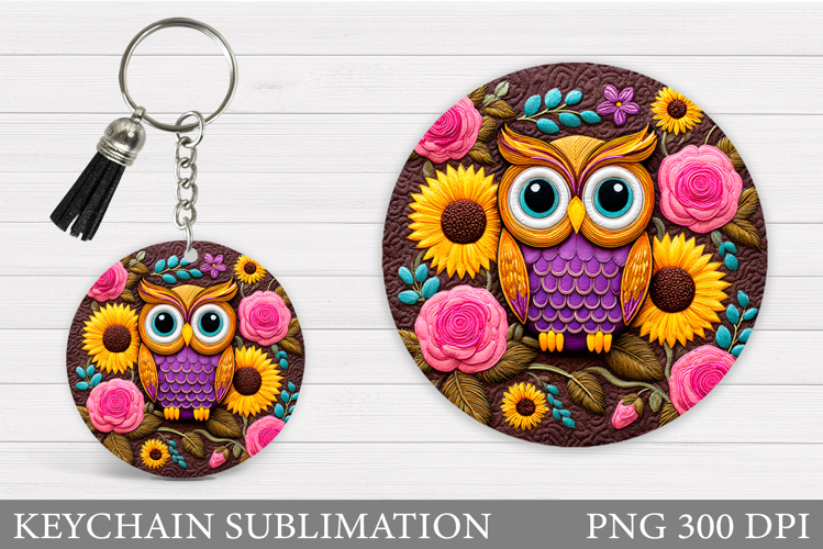 Owl Keychain Sublimation. Owl Flowers Keychain Design