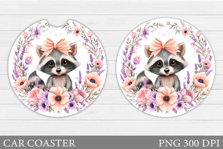 Cute Raccoon Car Coaster. Raccoon Flowers Car Coaster