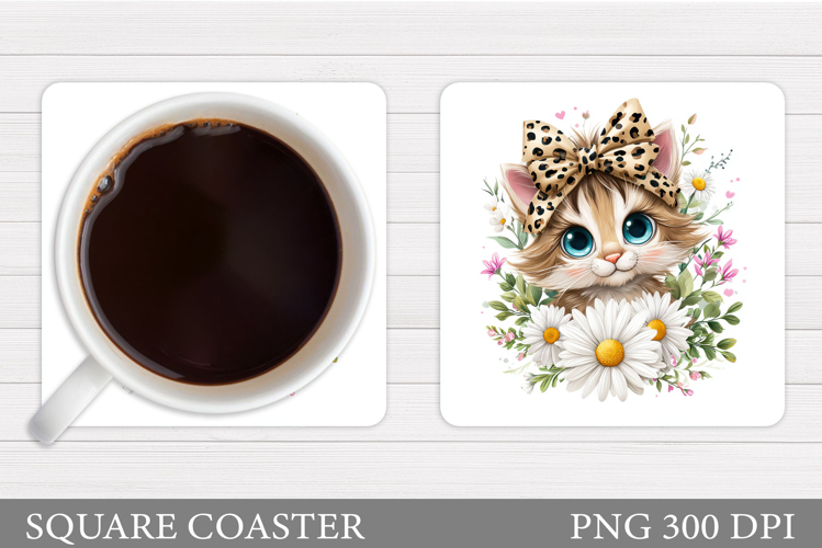 Cute Cat Coaster Design. Cat Flowers Coaster