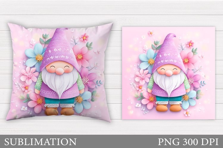 Cute Gnome Pillow Design. Gnome Flowers Sublimation