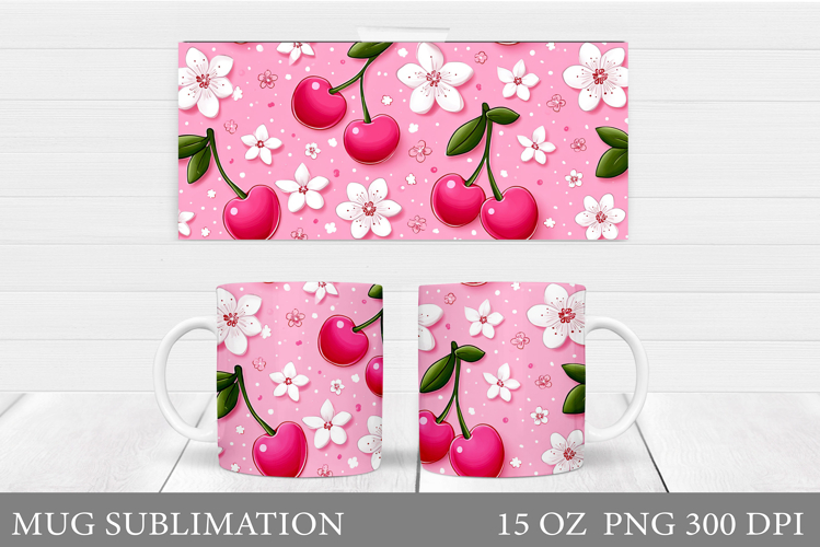 Cherry Mug Sublimation. Berries Mug Wrap Design