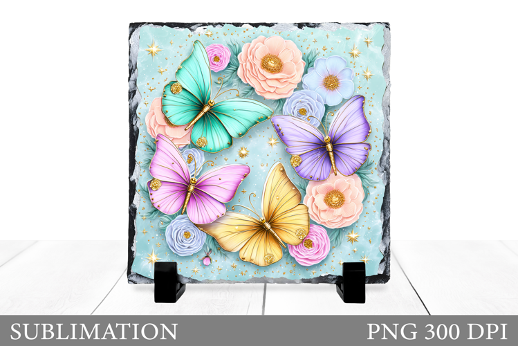 Butterflies Slate Design. Butterflies Flowers Sublimation