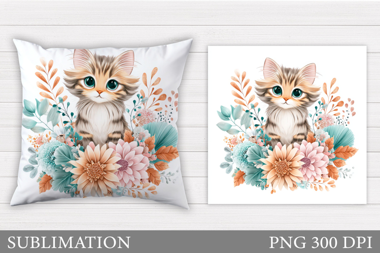 Cute Cat Pillow Design. Cat Flowers Pillow Sublimation