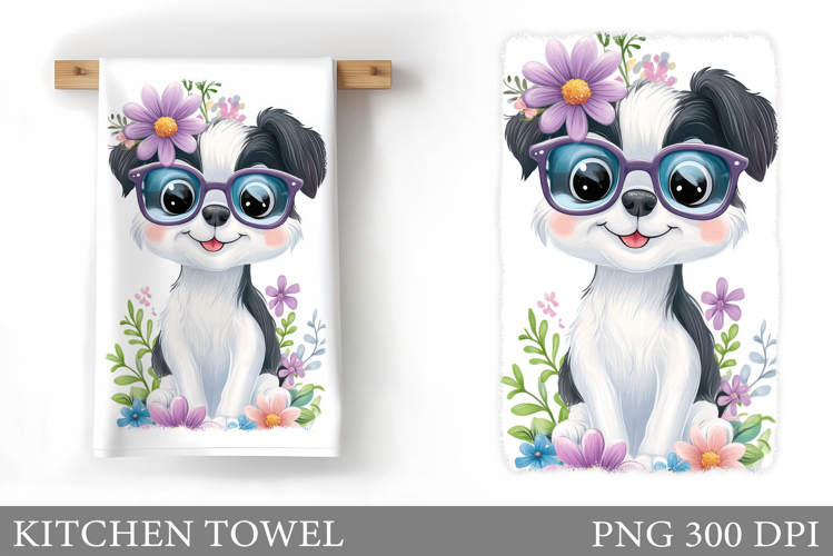 Cute Dog Kitchen Towel. Dog Flowers Kitchen Towel