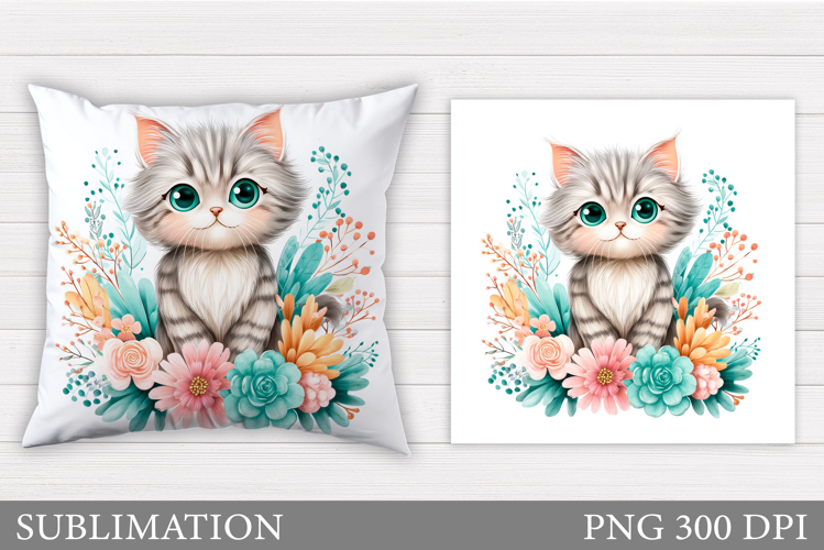 Cute Cat Pillow Design. Cat Flowers Pillow Sublimation
