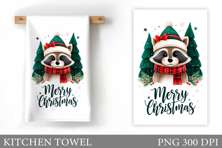 Christmas Raccoon Kitchen Towel. Christmas Kitchen Towel