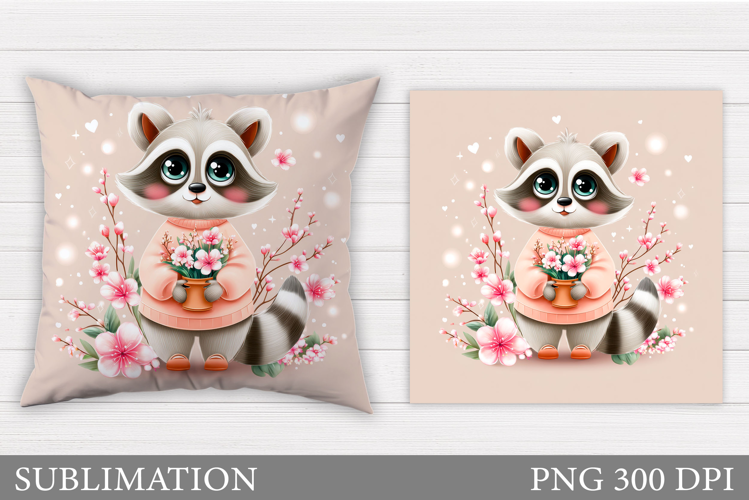 Cute Raccoon Pillow Design. Raccoon Flowers Pillow