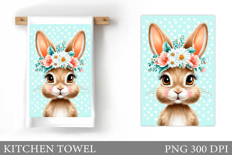 Cute Bunny Kitchen Towel. Bunny Flowers Kitchen Towel Design example image 1
