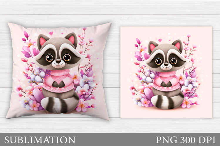 Cute Raccoon Pillow Design. Raccoon Flowers Pillow example image 1