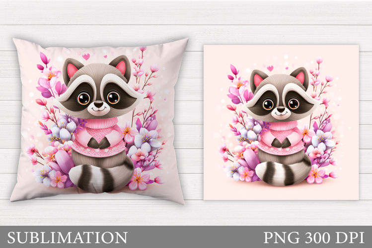 Cute Raccoon Pillow Design. Raccoon Flowers Pillow