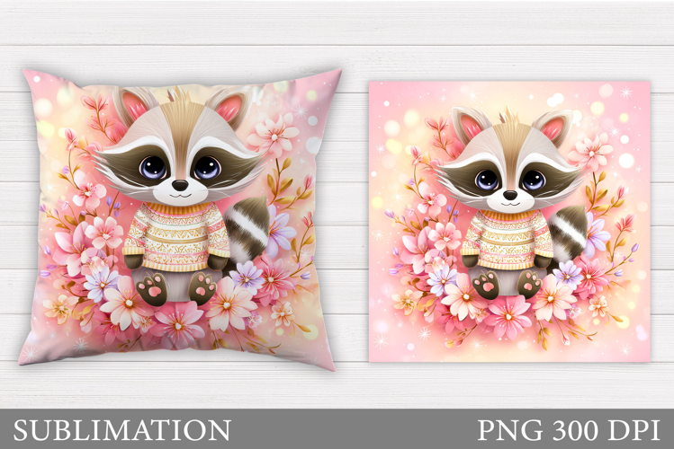 Cute Raccoon Pillow Design. Raccoon Flowers Pillow