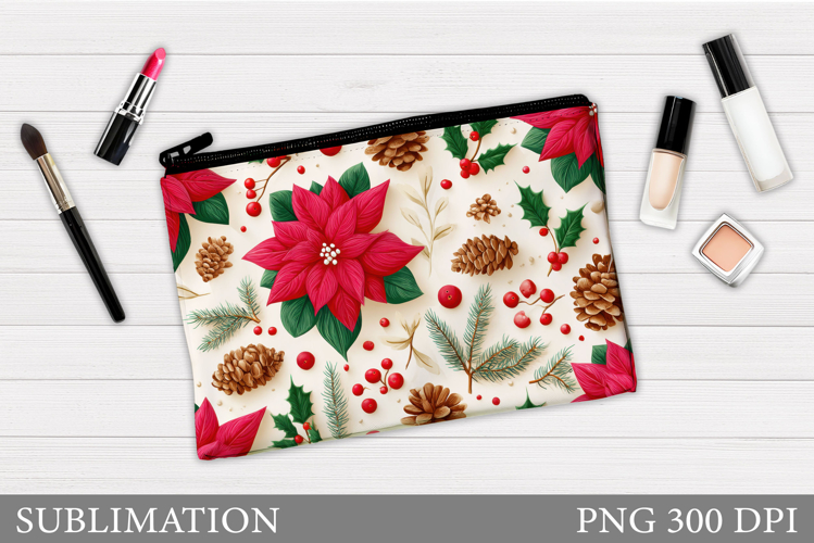 Poinsettia Cosmetics Bag Design. Christmas Makeup Bag Design