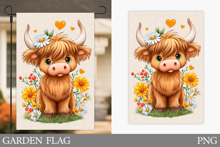Highland Cow Garden Flag. Summer Cow Garden Flag Design