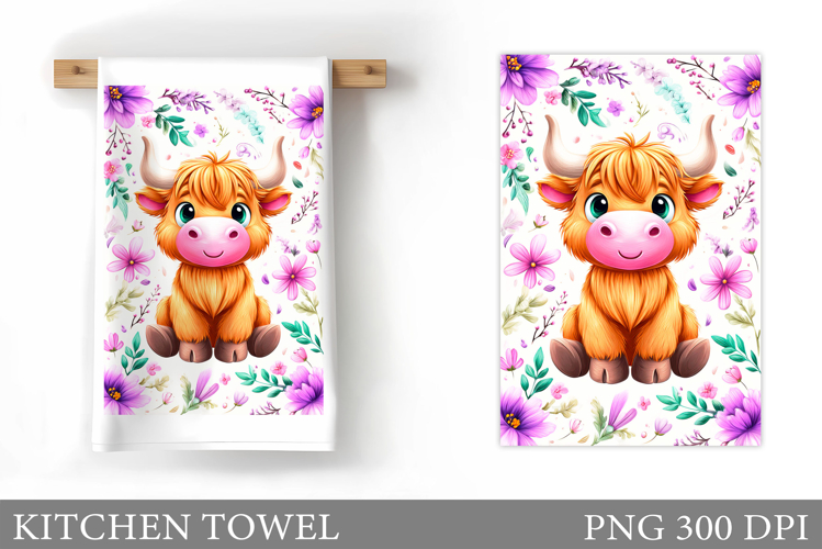 Highland Cow Kitchen Towel. Cow Flowers Kitchen Towel Design