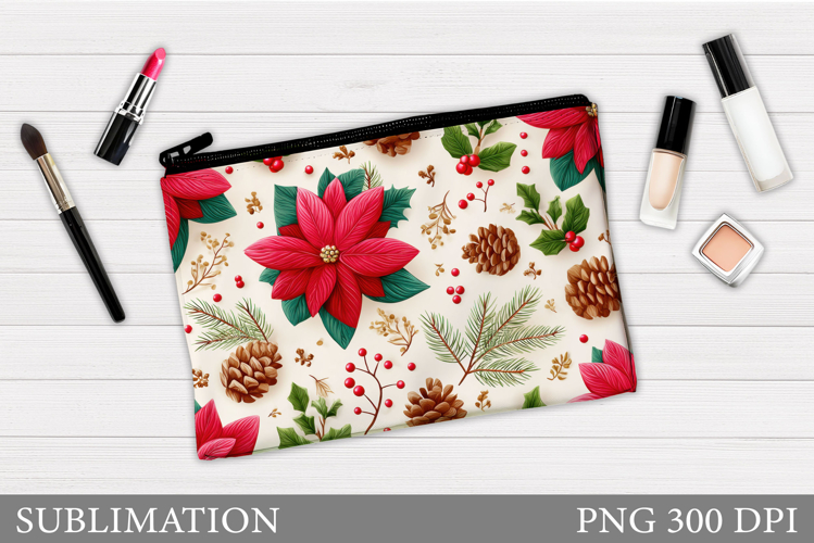 Poinsettia Cosmetics Bag Design. Christmas Makeup Bag Design