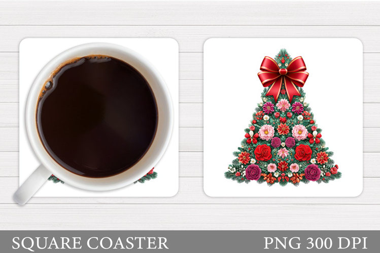 Floral Christmas Tree Coaster. Christmas Coaster Sublimation