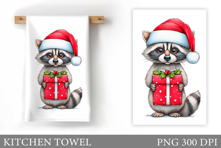Christmas Raccoon Kitchen Towel. Christmas Kitchen Towel