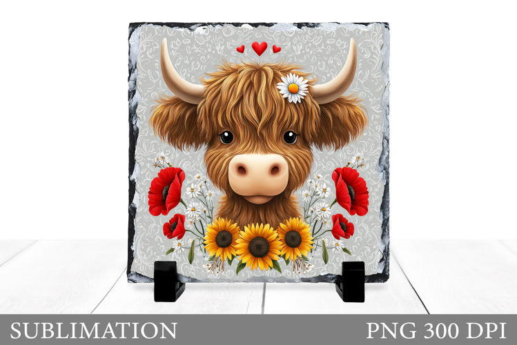 Highland Cow Sublimation. Cow Flowers Slate Design