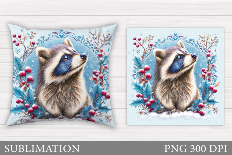 Cute Raccoon Pillow Design. Christmas Pillow Sublimation example image 1