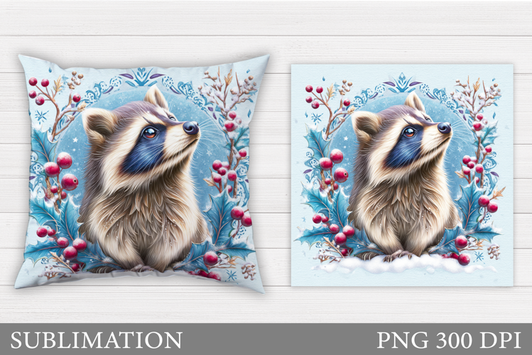 Cute Raccoon Pillow Design. Christmas Pillow Sublimation