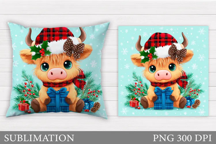 Christmas Cow Pillow Design. Christmas Pillow Sublimation