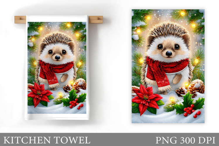 Cute Hedgehog Kitchen Towel. Christmas Kitchen Towel Design