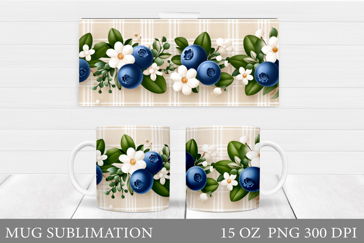 Berries Mug Sublimation. Flowers Mug Wrap Design