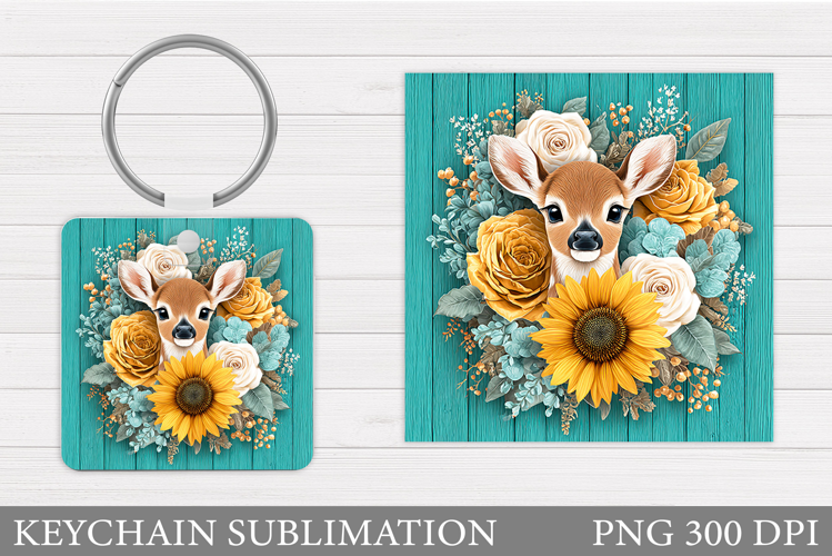 Cute Deer Keychain Design. Deer Flowers Keychain Sublimation