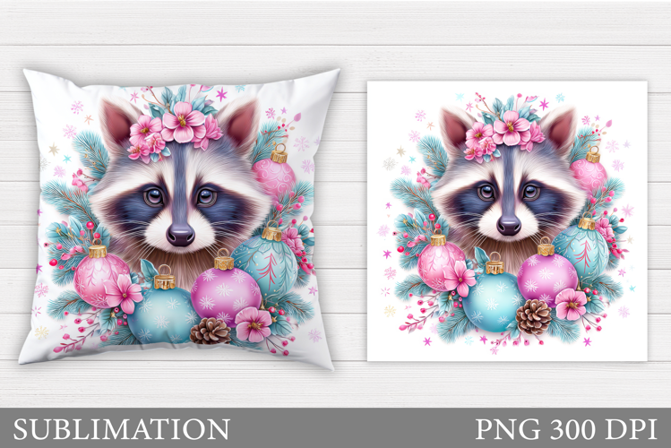 Cute Raccoon Pillow Design. Christmas Pillow Sublimation
